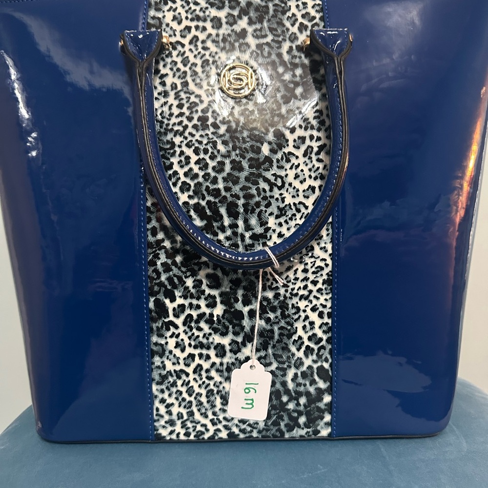 -SOLD-Bebe Rare Elegant Blue and Animal Print Tote Bag - Picture 2 of 9